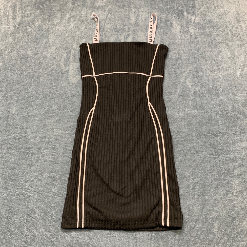 Maniere De Voir Bodycon Mini Dress Women 8 Black Stretch Printed Straps Back Zip